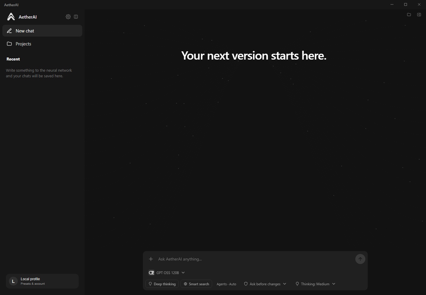 AetherAI desktop interface with projects and a chat composer